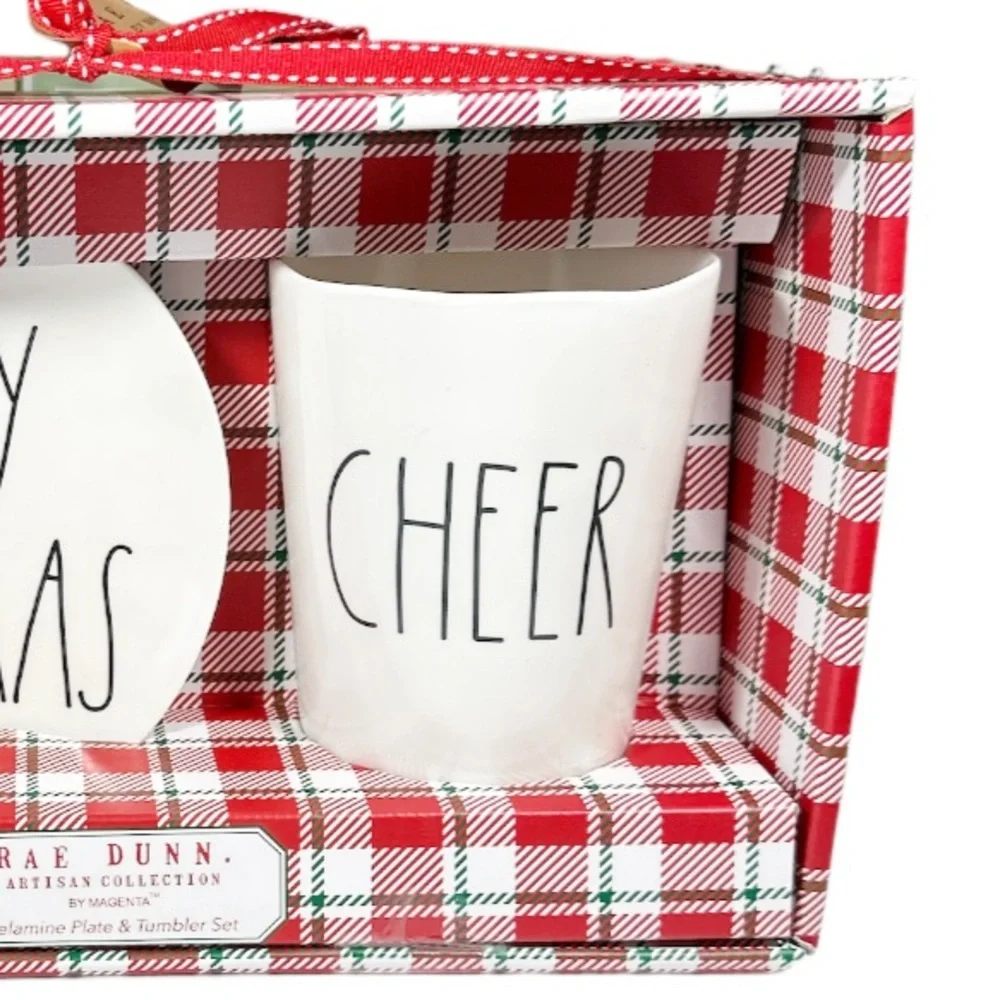 NEW Rae Dunn MERRY CHRISTMAS/CHEER Melamine Plate & Tumbler Set
